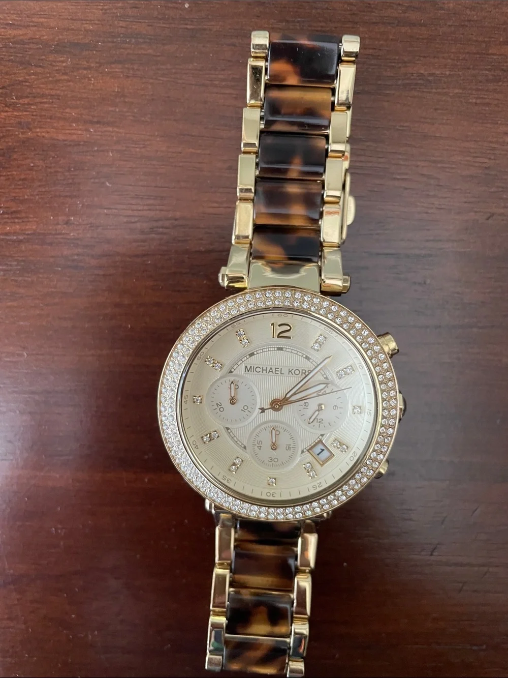 Michael Kors Gold and Tortoiseshell Crystal-Trim Cronograph Watch
